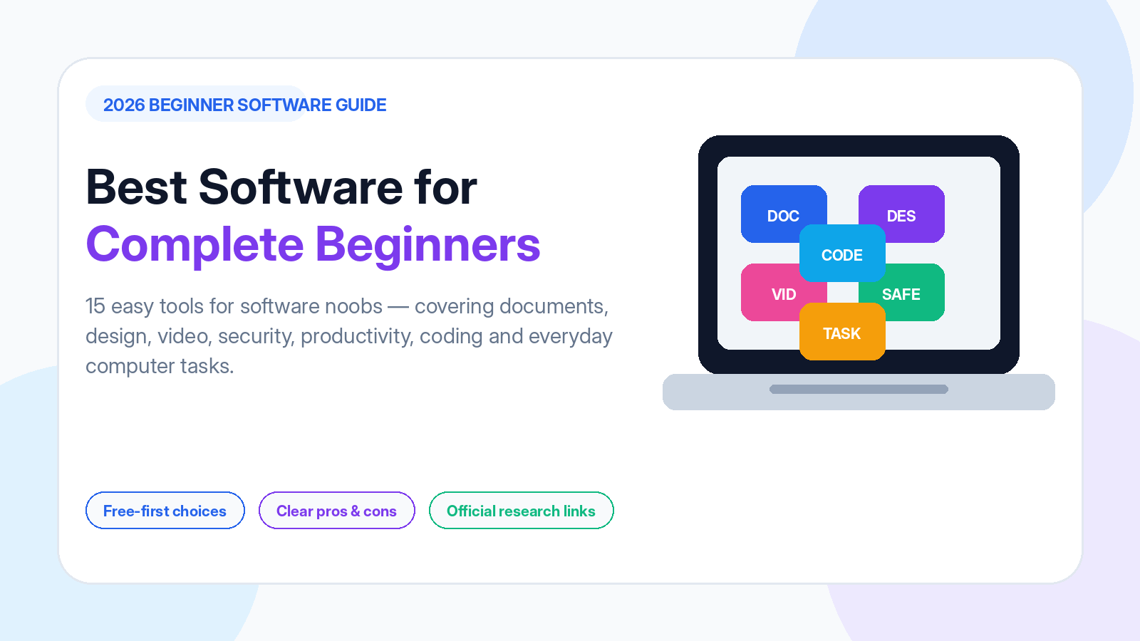 Beginner using a laptop with easy software tools for documents, design, video, security and coding.